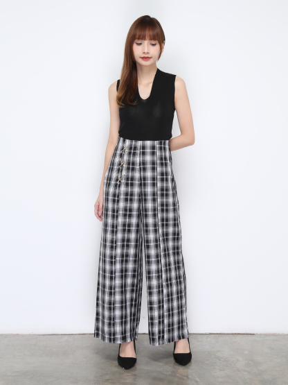 Side Tie Up Plaid Long Pant 20215