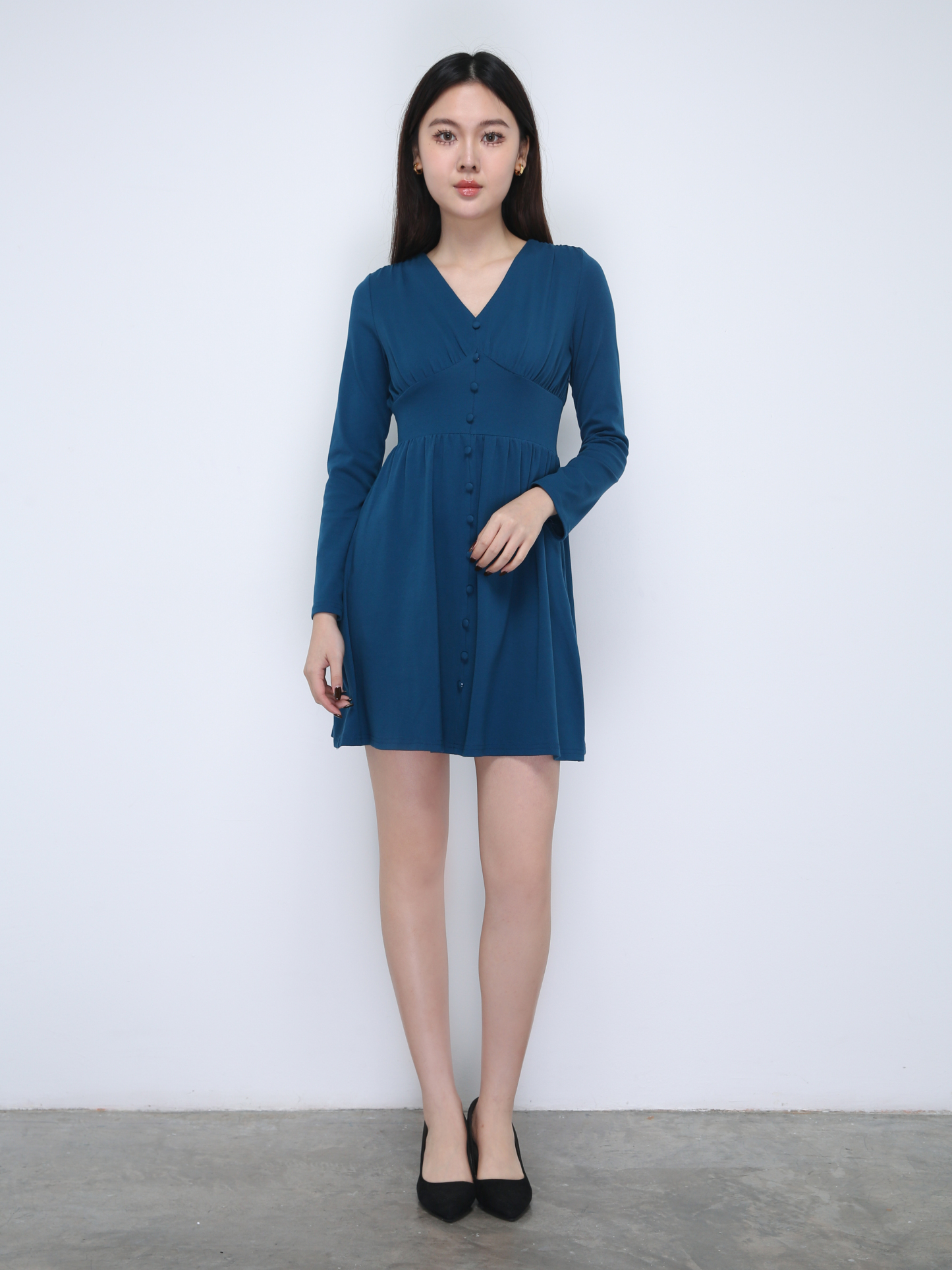 V Neck Long Sleeve With Decorative Button Dress 21886