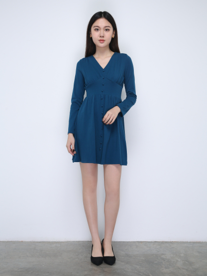 V Neck Long Sleeve With Decorative Button Dress 21886