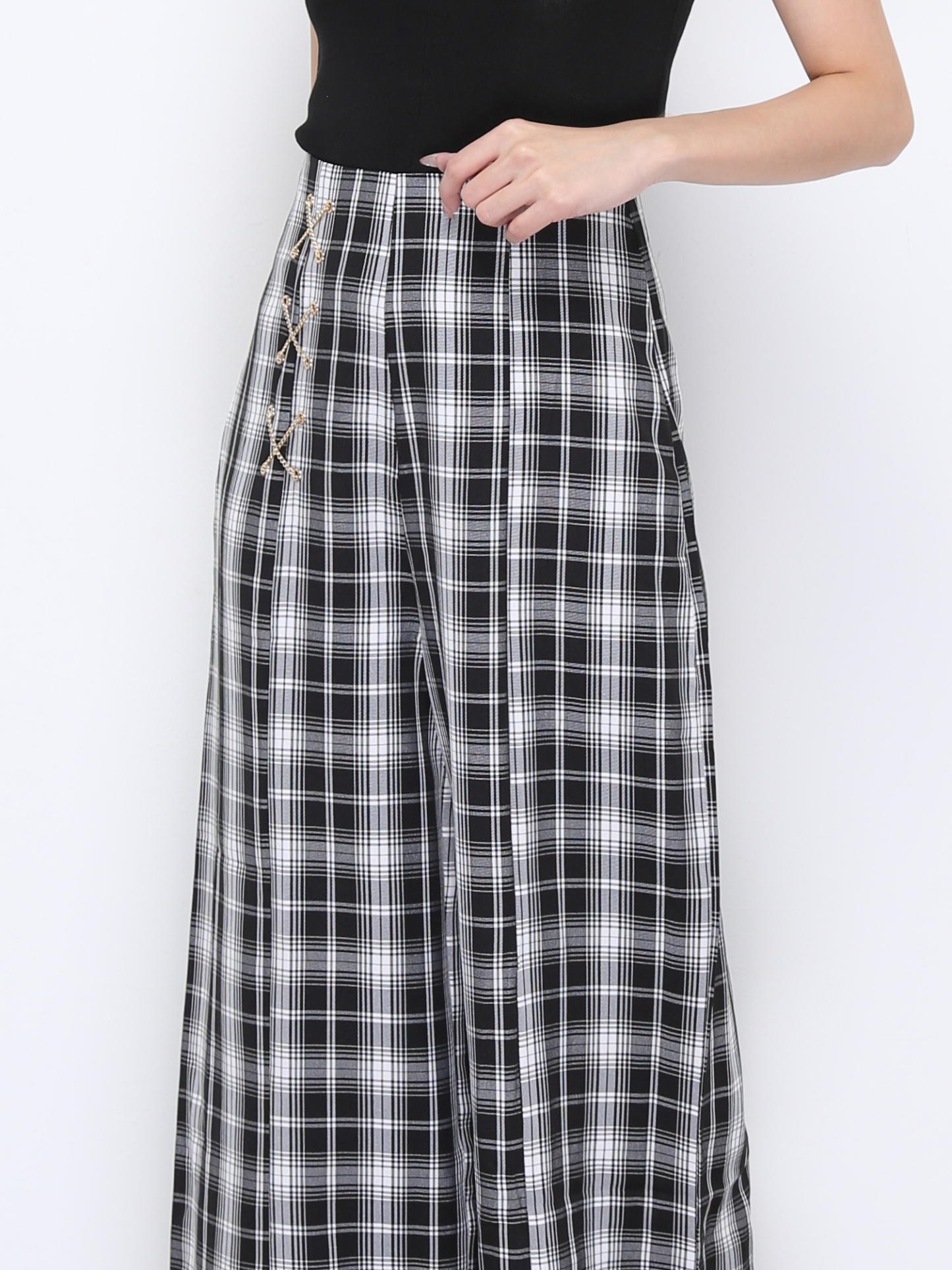 Side Tie Up Plaid Long Pant 20215