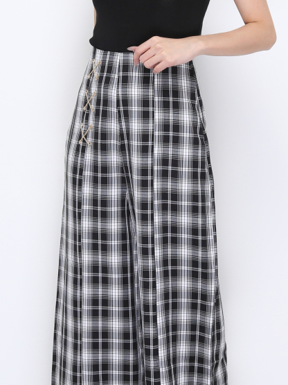 Side Tie Up Plaid Long Pant 20215