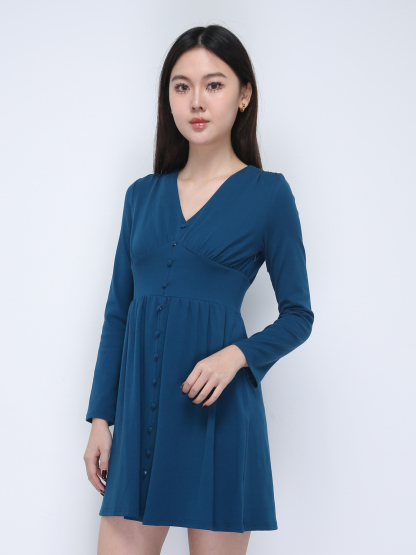 V Neck Long Sleeve With Decorative Button Dress 21886