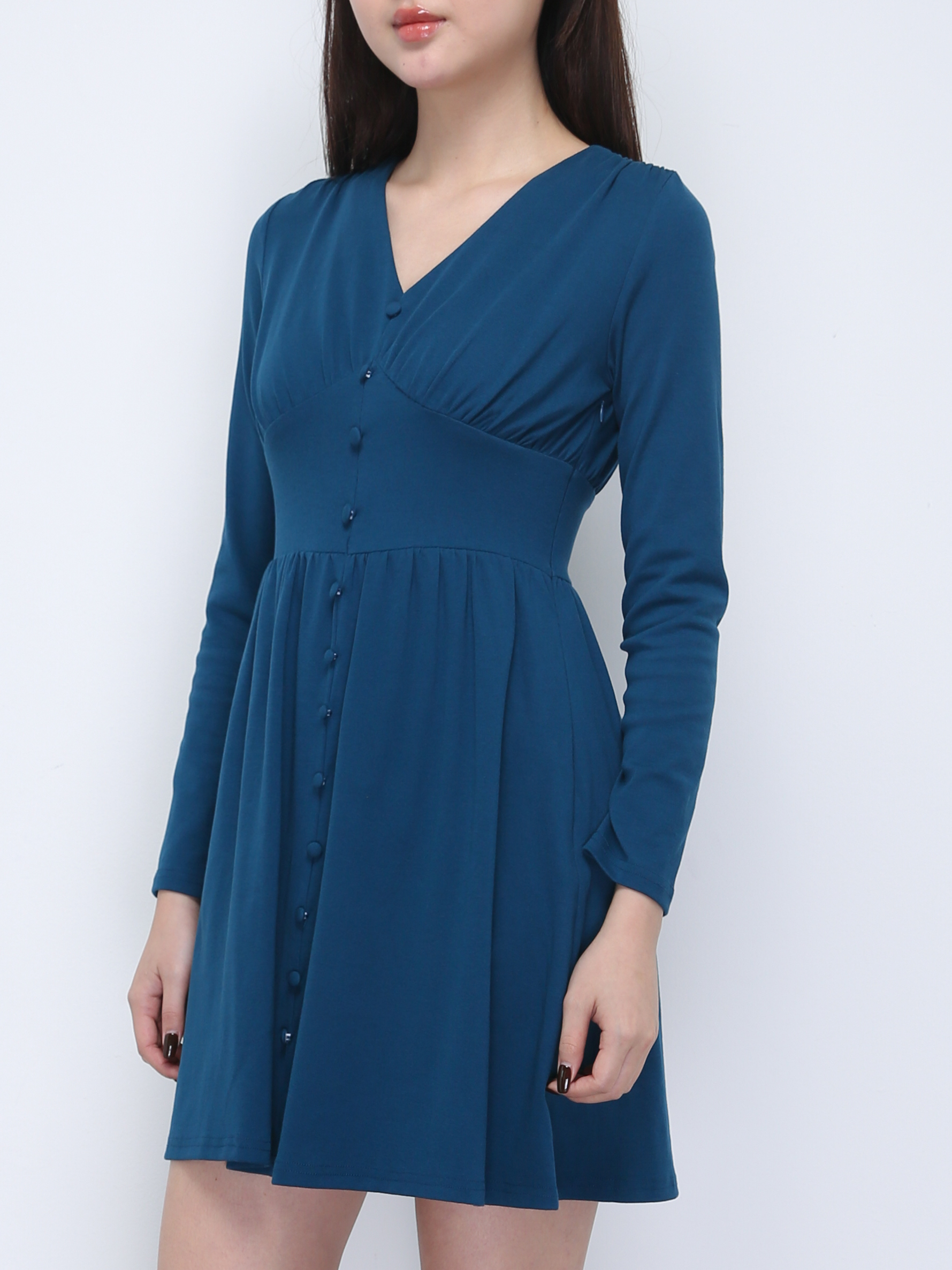 V Neck Long Sleeve With Decorative Button Dress 21886