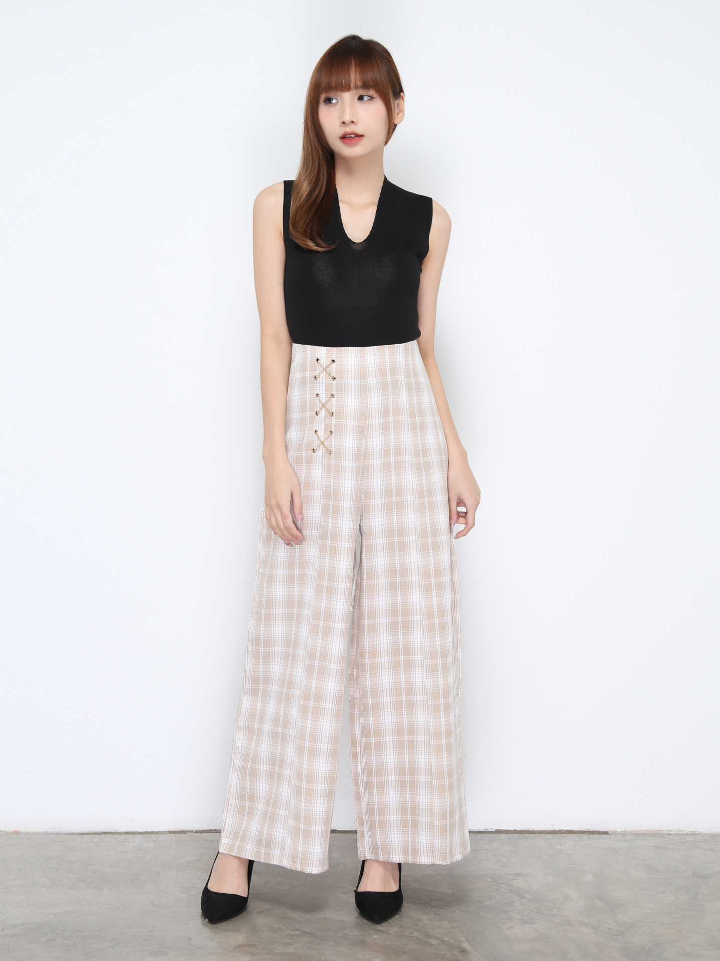 Side Tie Up Plaid Long Pant 20215