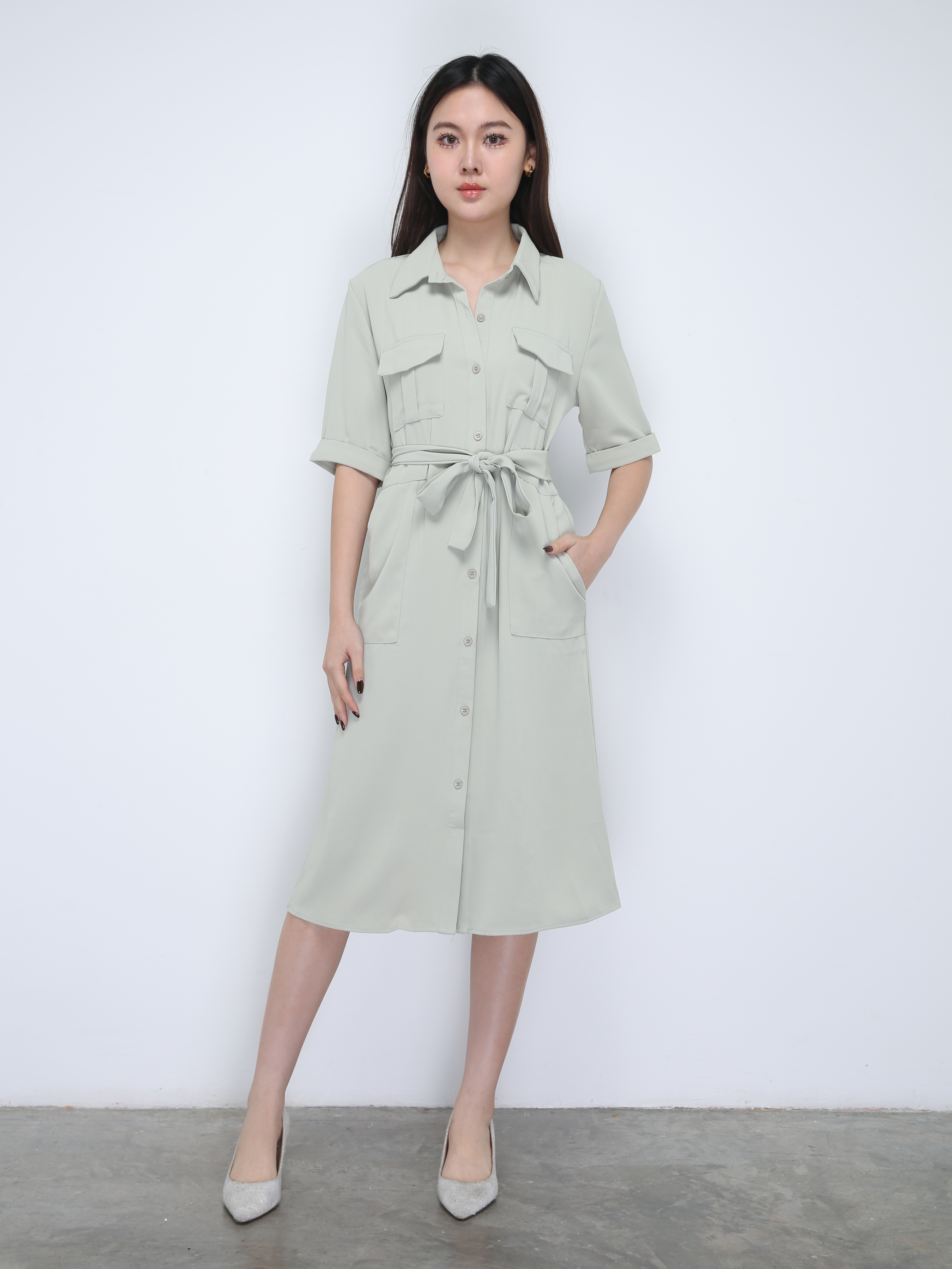 Collar Front Button With Belt Dress 21858