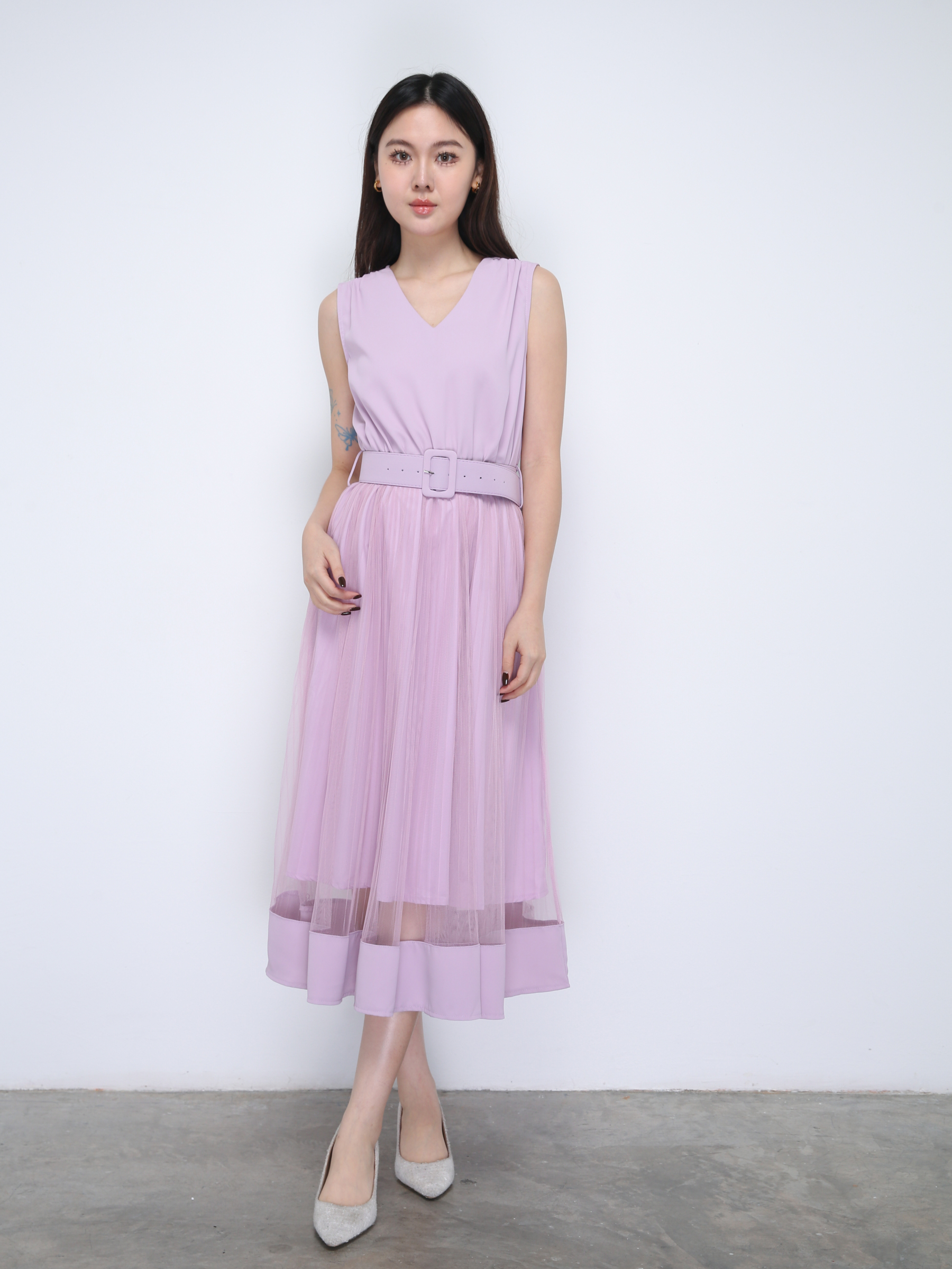 Sleeveless V Neck Net Skirt Dress 21897