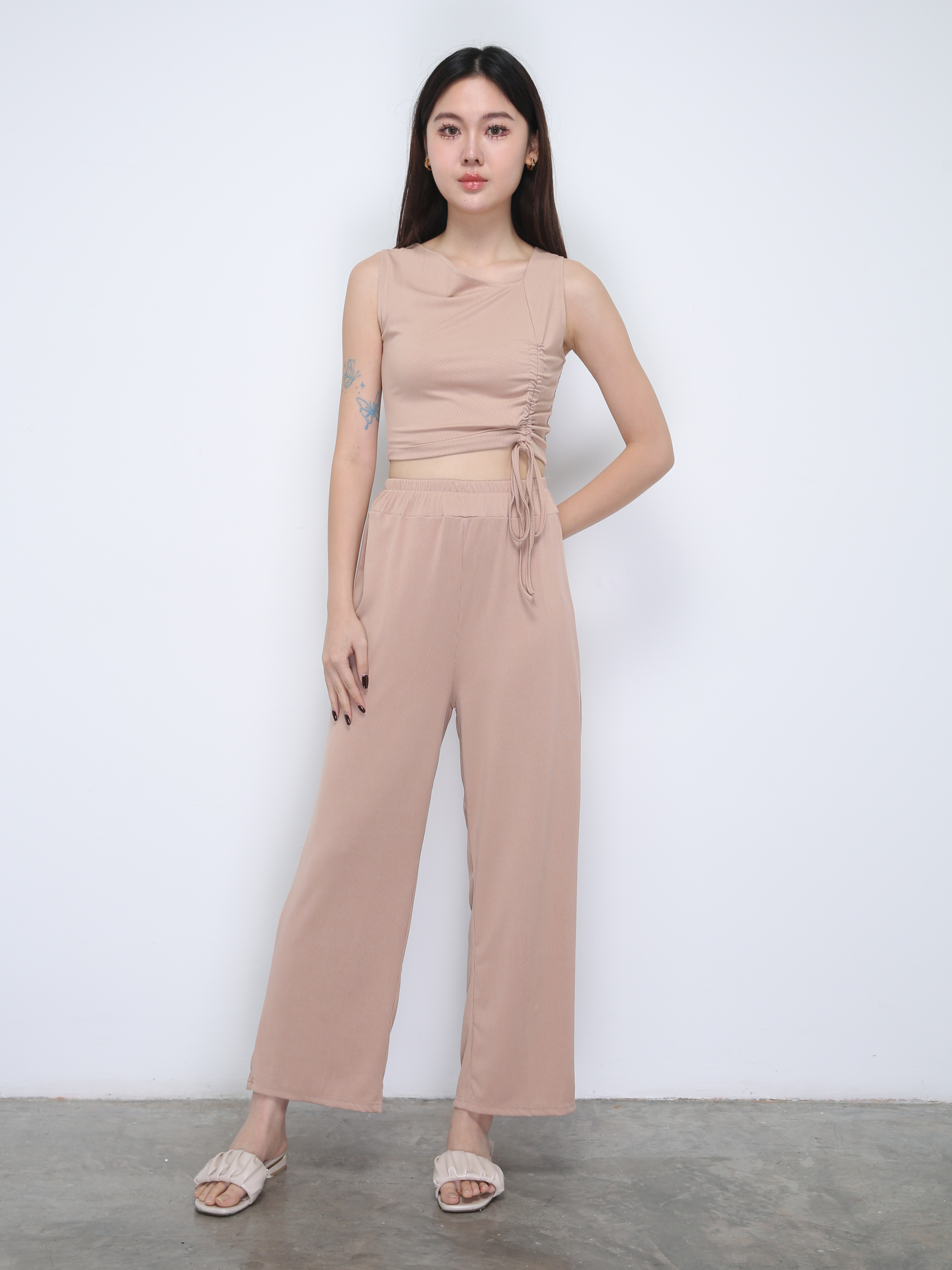 Knitted Sleeveless Side Drawstring With Long Pants Set 21881