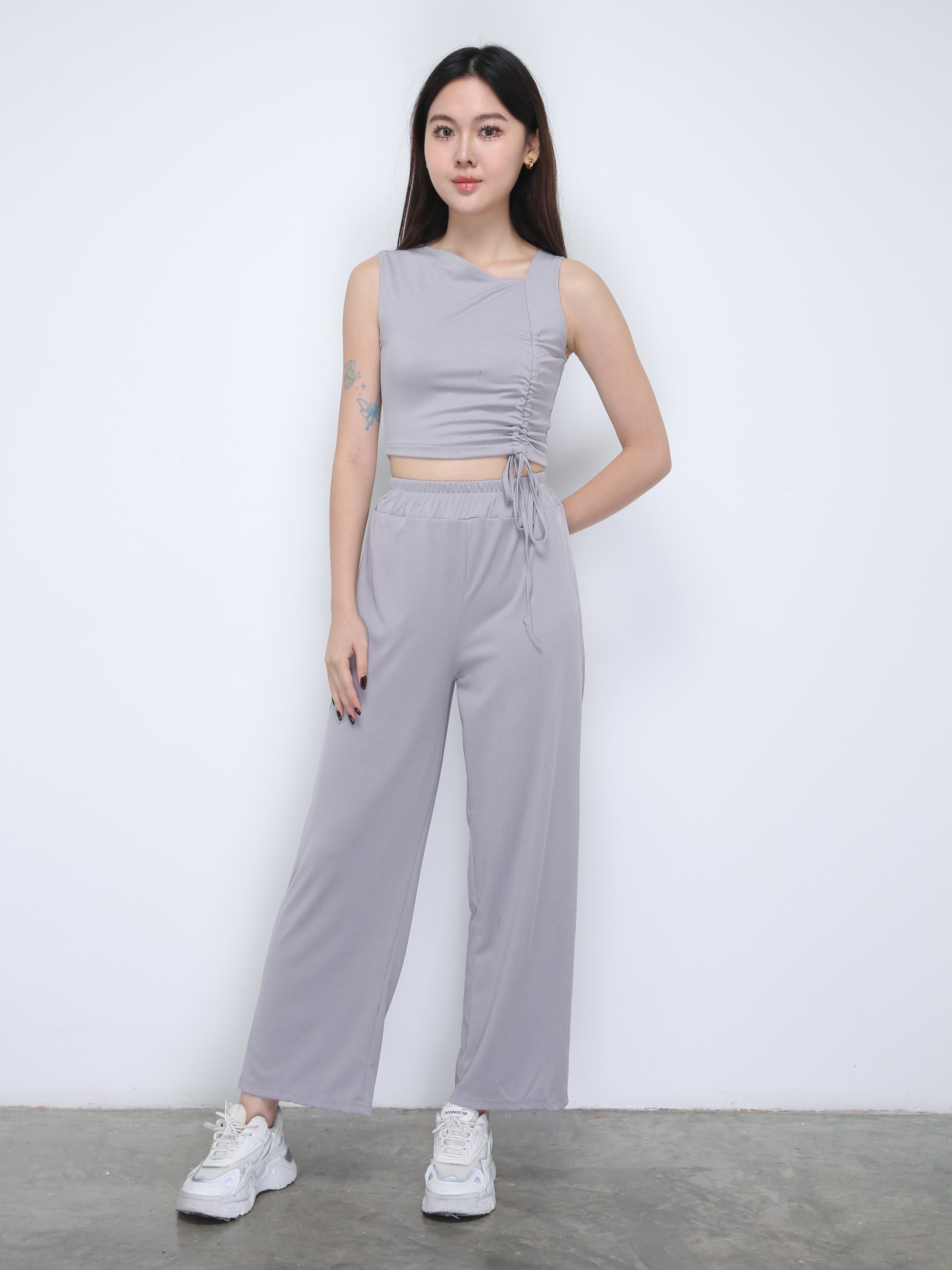Knitted Sleeveless Side Drawstring With Long Pants Set 21881