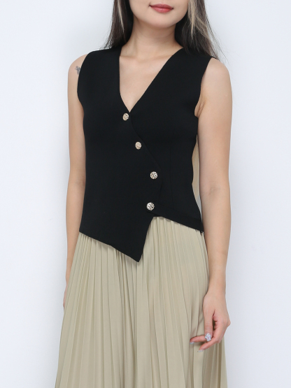 Knitted Sleeveless V Neck Front Button Top 36333