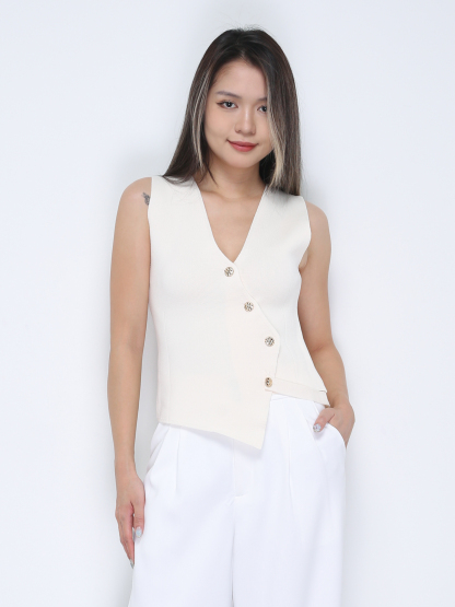 Knitted Sleeveless V Neck Front Button Top 36333