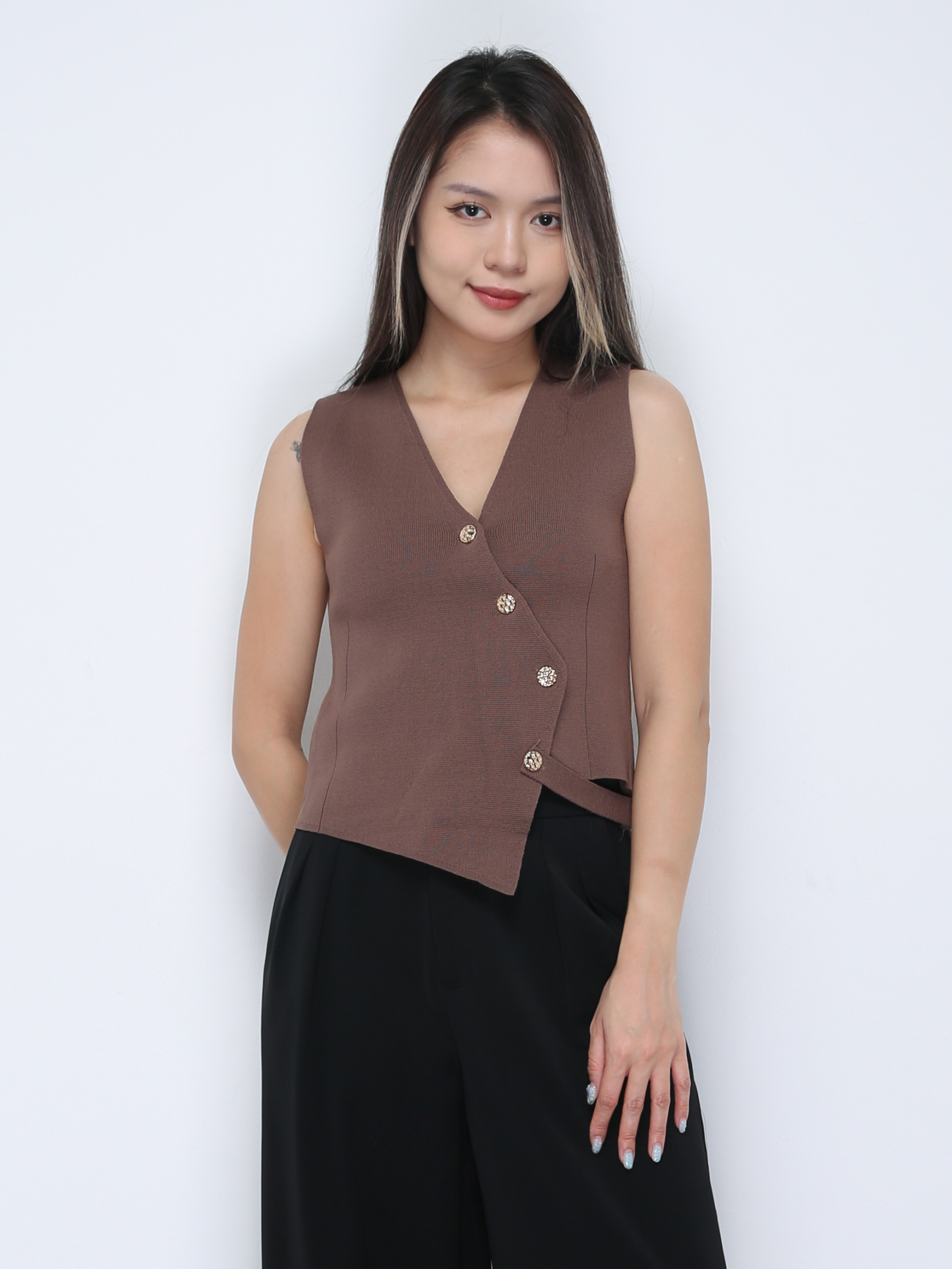 Knitted Sleeveless V Neck Front Button Top 36333