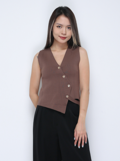 Knitted Sleeveless V Neck Front Button Top 36333