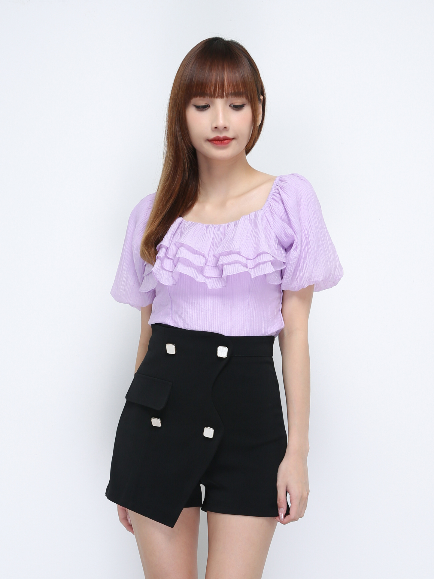 Suqare Neck Puff Sleeve Flounce Front Top 21403