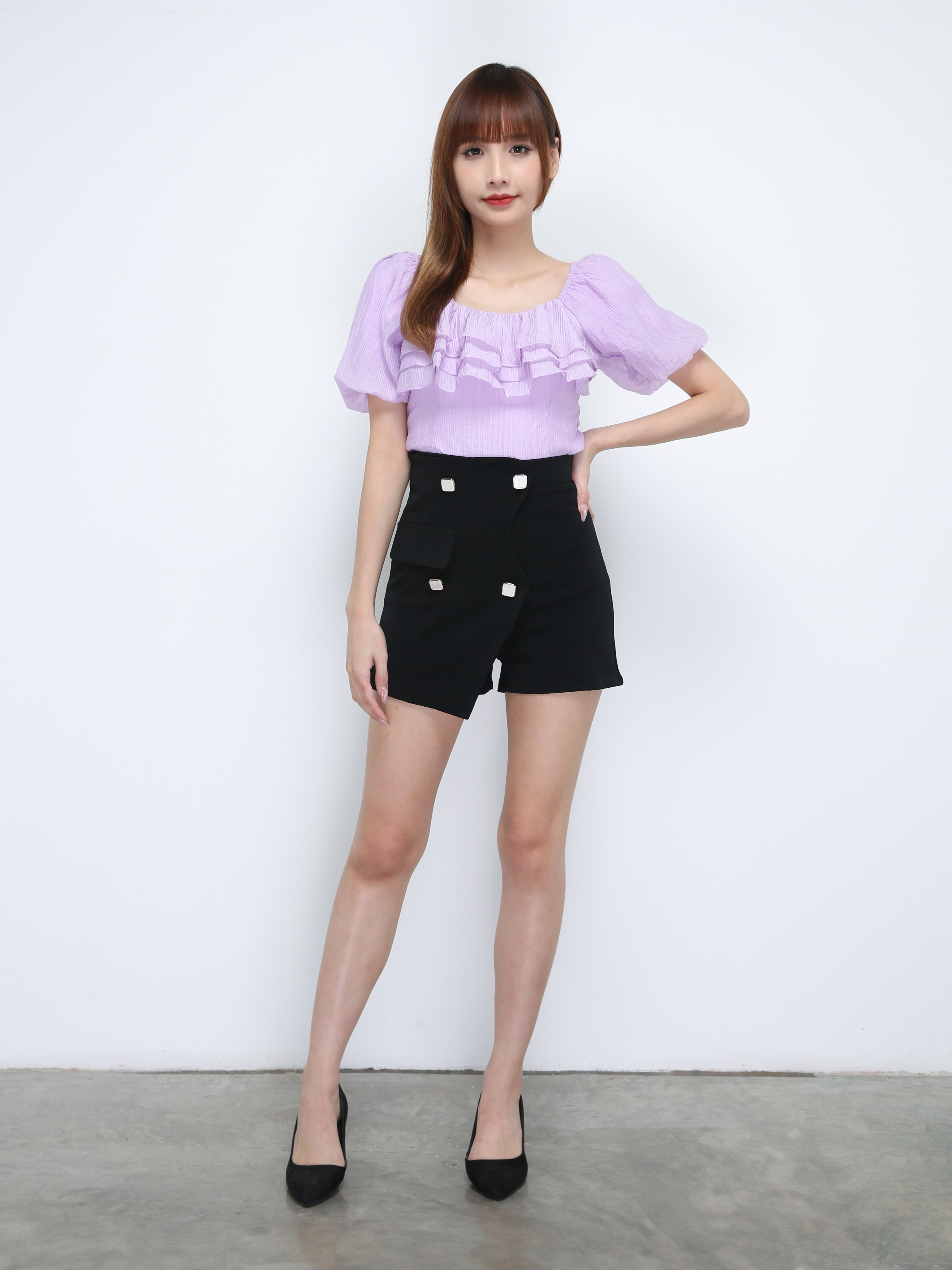 Suqare Neck Puff Sleeve Flounce Front Top 21403