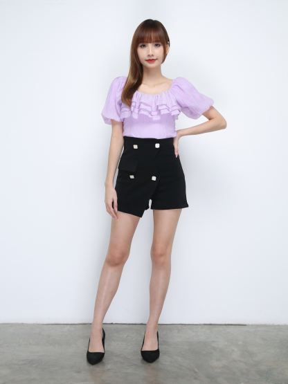 Suqare Neck Puff Sleeve Flounce Front Top 21403