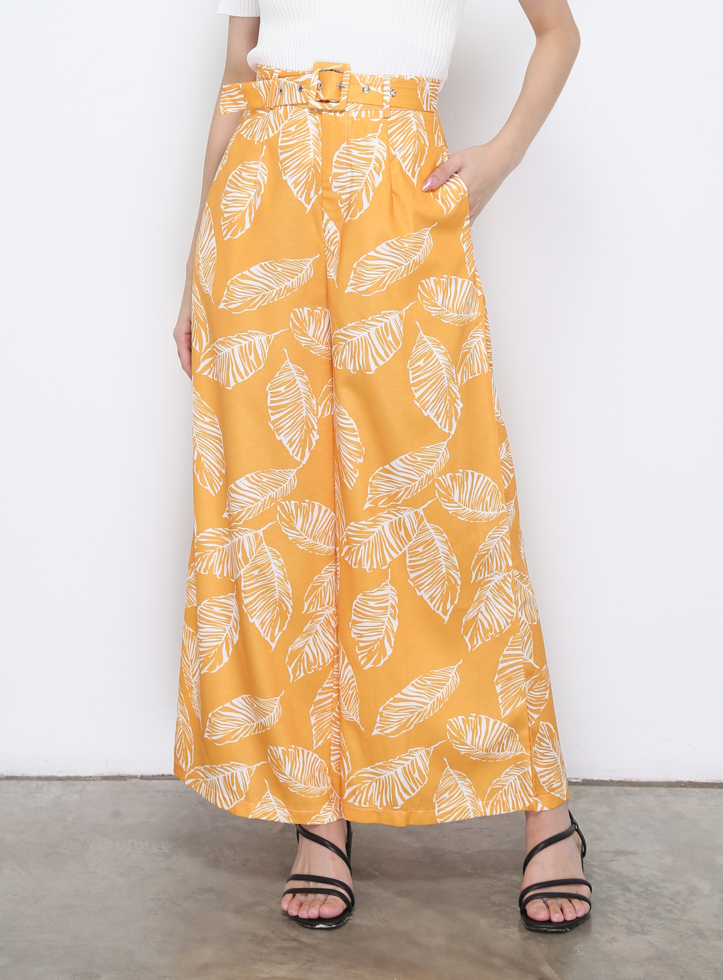 High Waist With Leaf With Belt Long Pants 20889