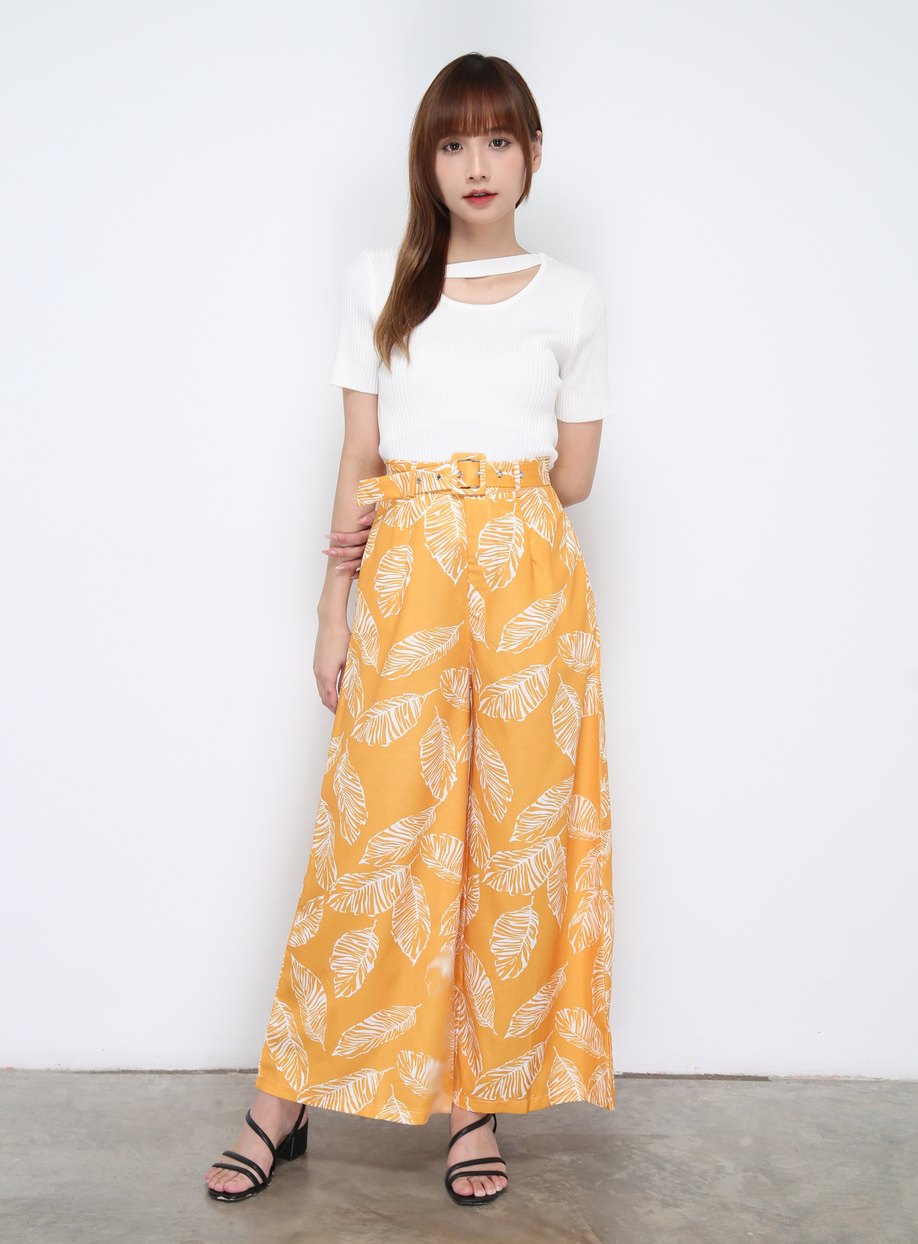 High Waist With Leaf With Belt Long Pants 20889