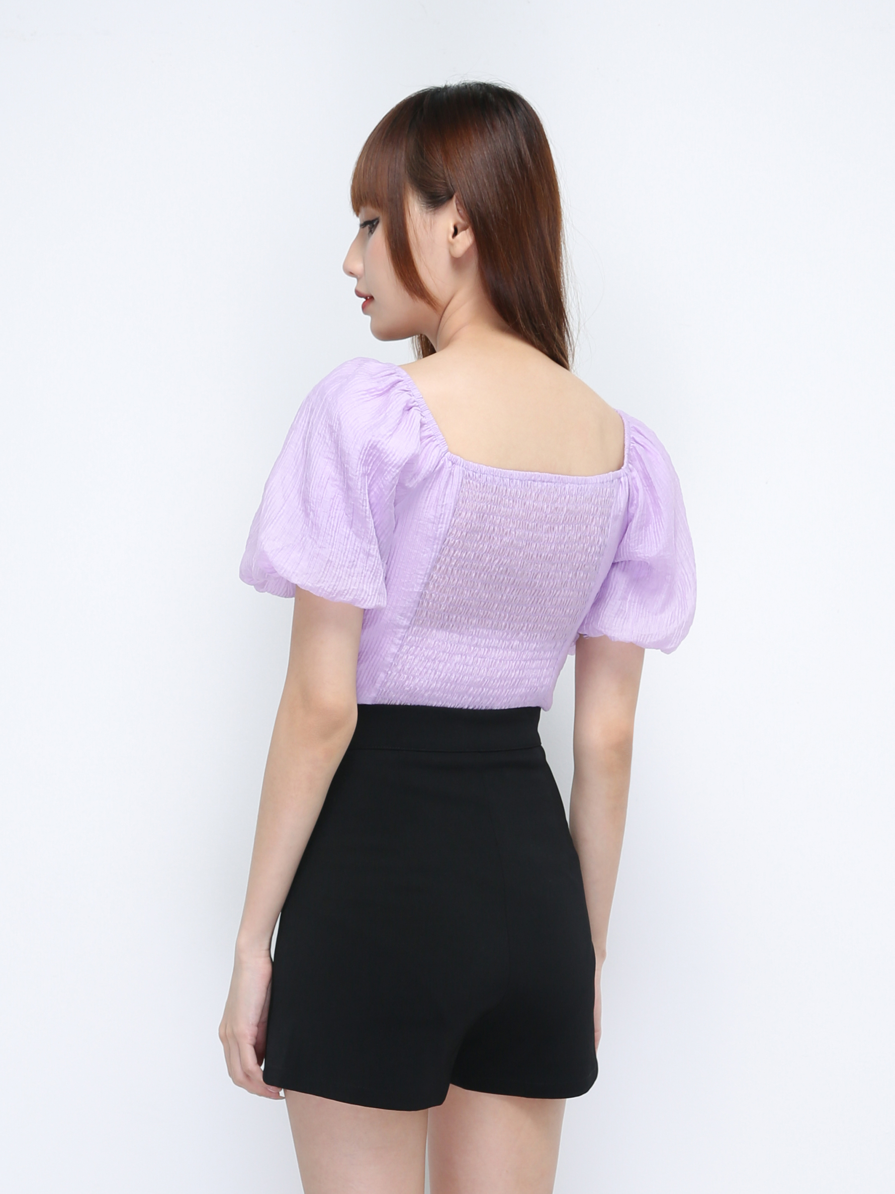 Suqare Neck Puff Sleeve Flounce Front Top 21403