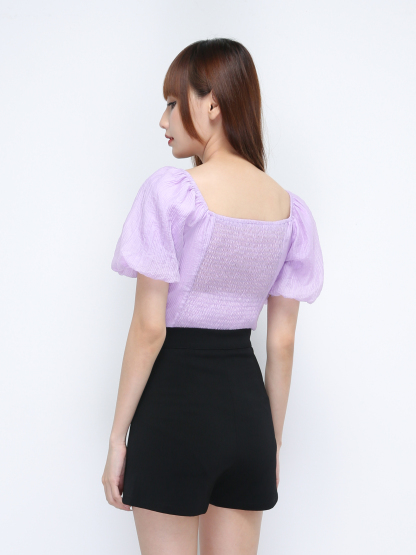 Suqare Neck Puff Sleeve Flounce Front Top 21403