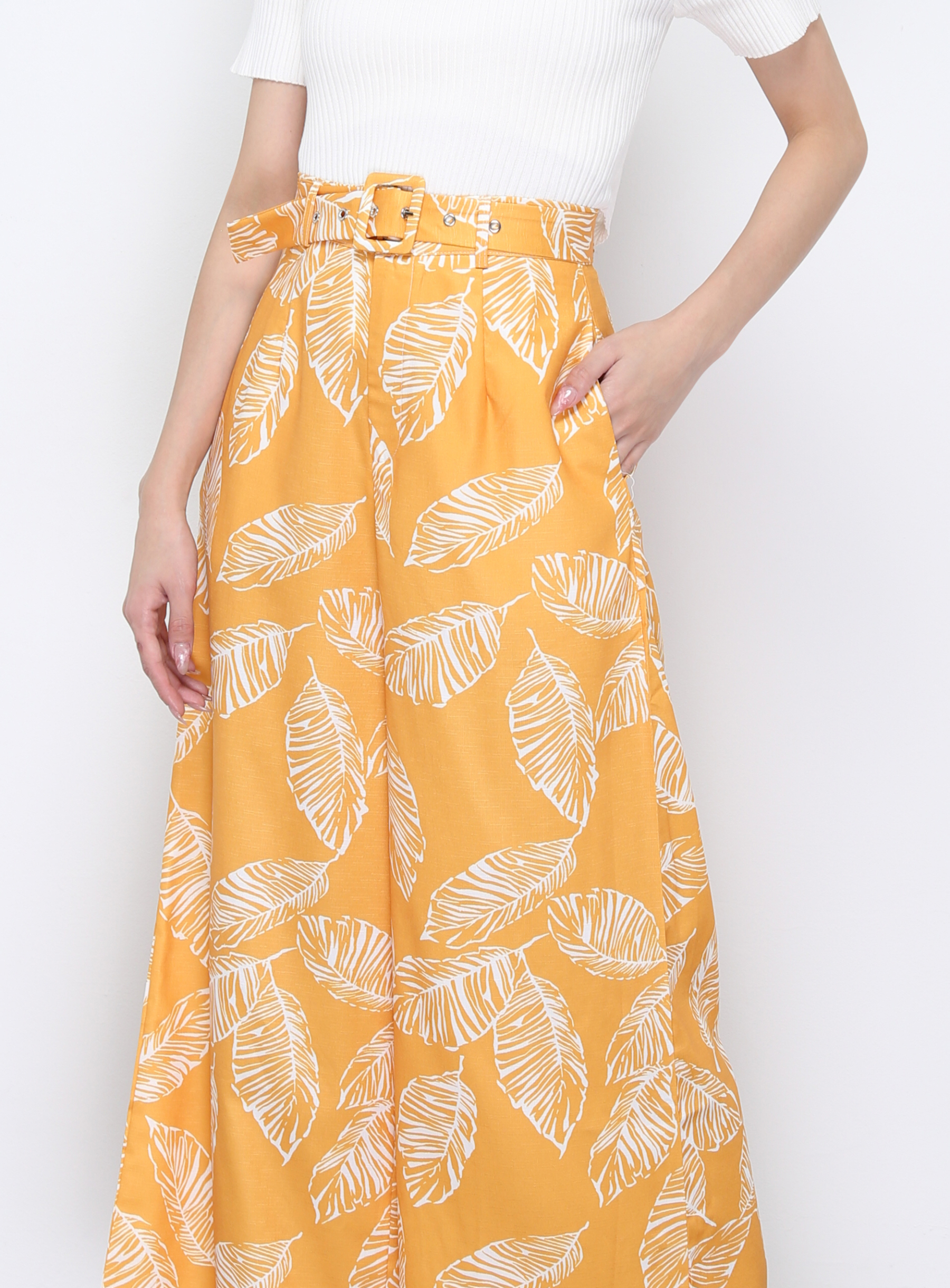 High Waist With Leaf With Belt Long Pants 20889