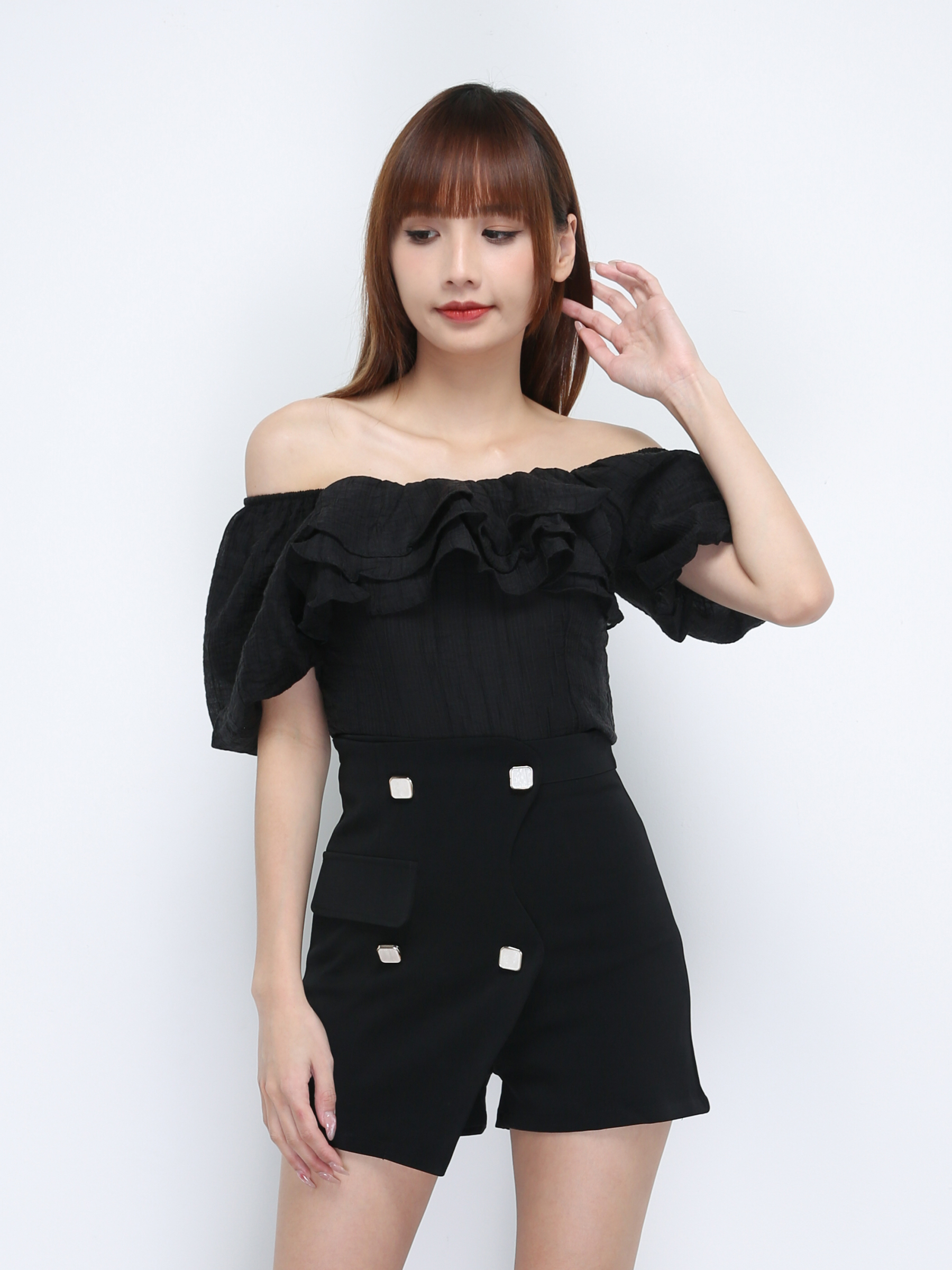 Suqare Neck Puff Sleeve Flounce Front Top 21403