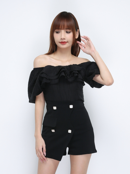 Suqare Neck Puff Sleeve Flounce Front Top 21403