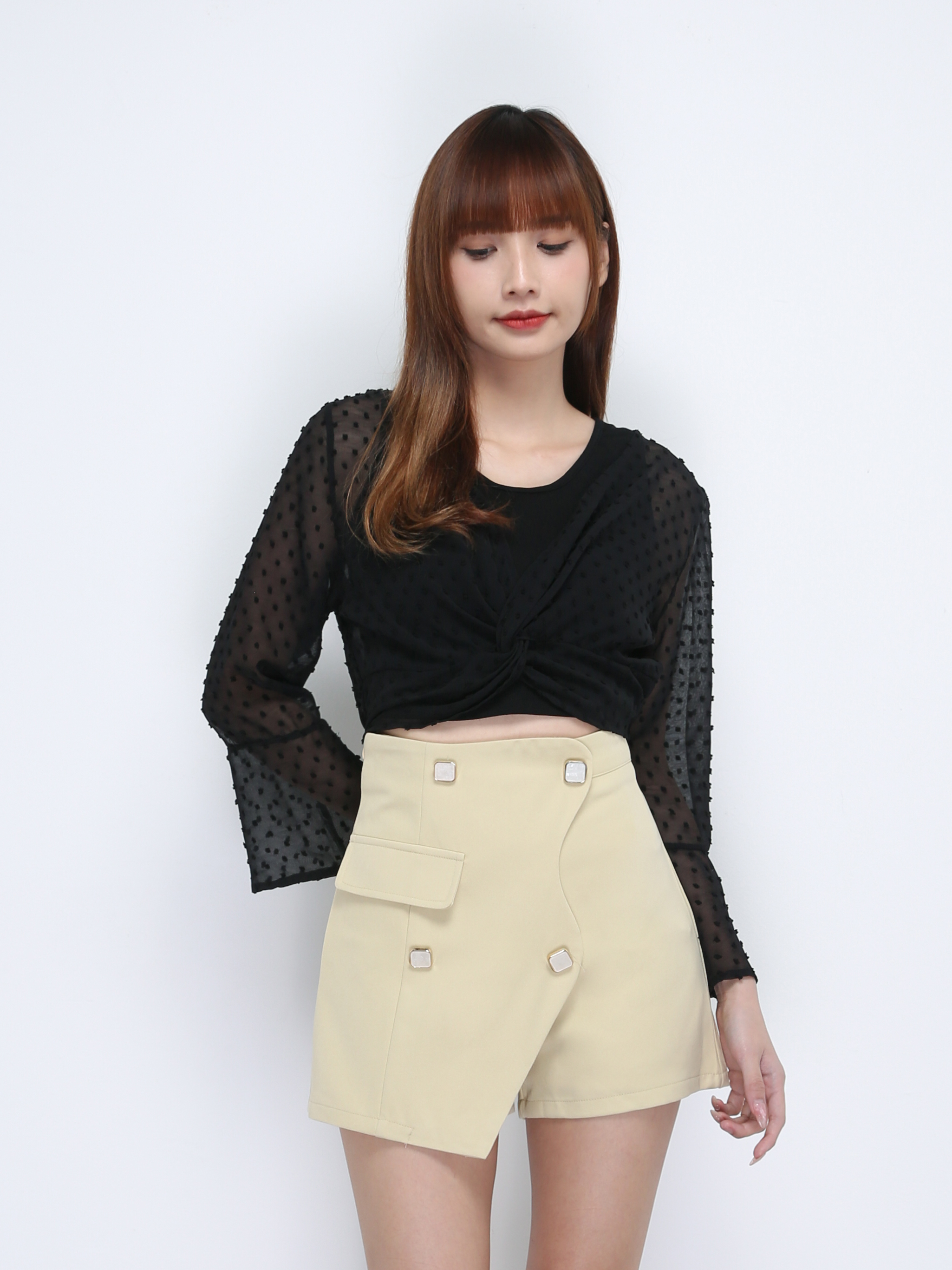 V Neck Polka Dot Twist Long Sleeve Set Top 21367