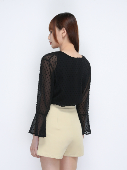 V Neck Polka Dot Twist Long Sleeve Set Top 21367