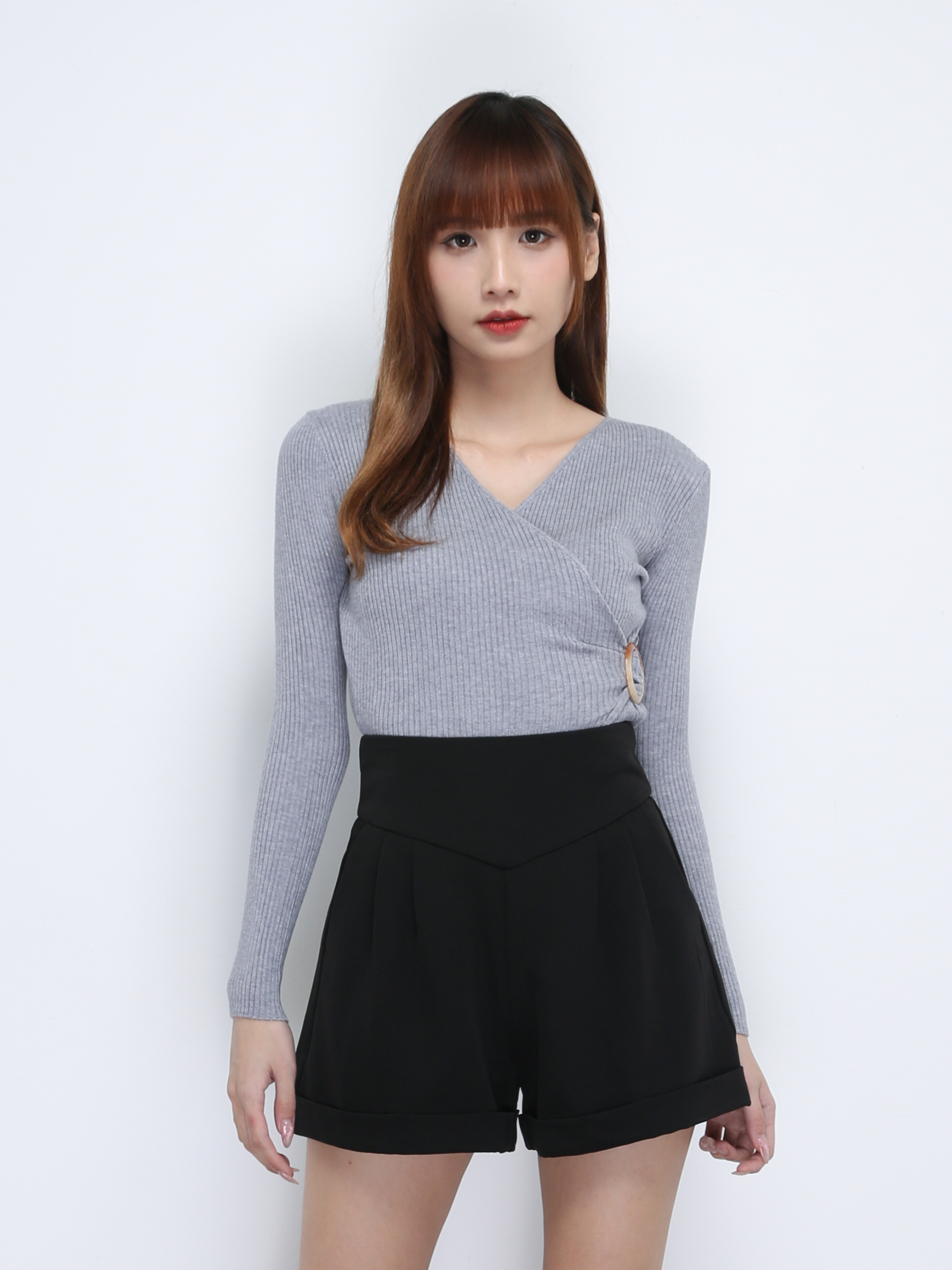 Knitted Long Sleeve Wrap With Side Ring Buckle Top 21355