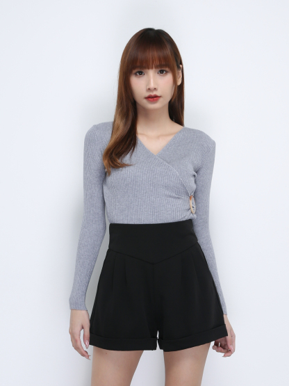 Knitted Long Sleeve Wrap With Side Ring Buckle Top 21355