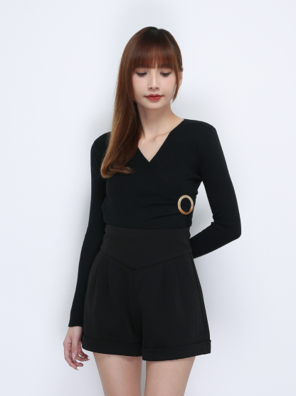 Knitted Long Sleeve Wrap With Side Ring Buckle Top 21355