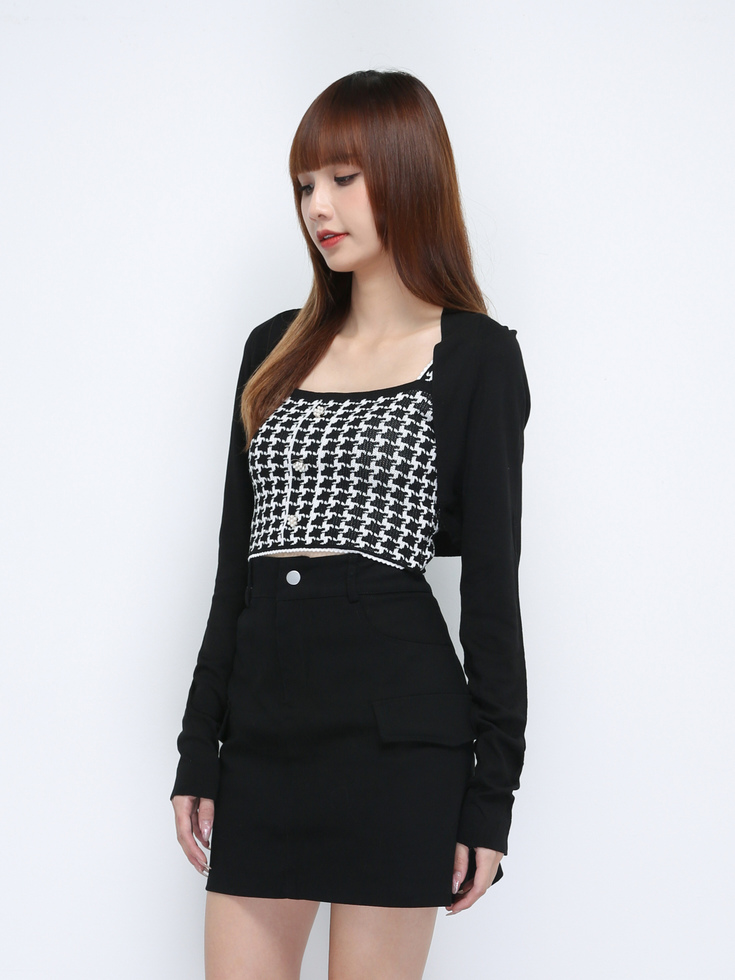 Houndstooth Front Decorative Button With Outer Set Top 21420