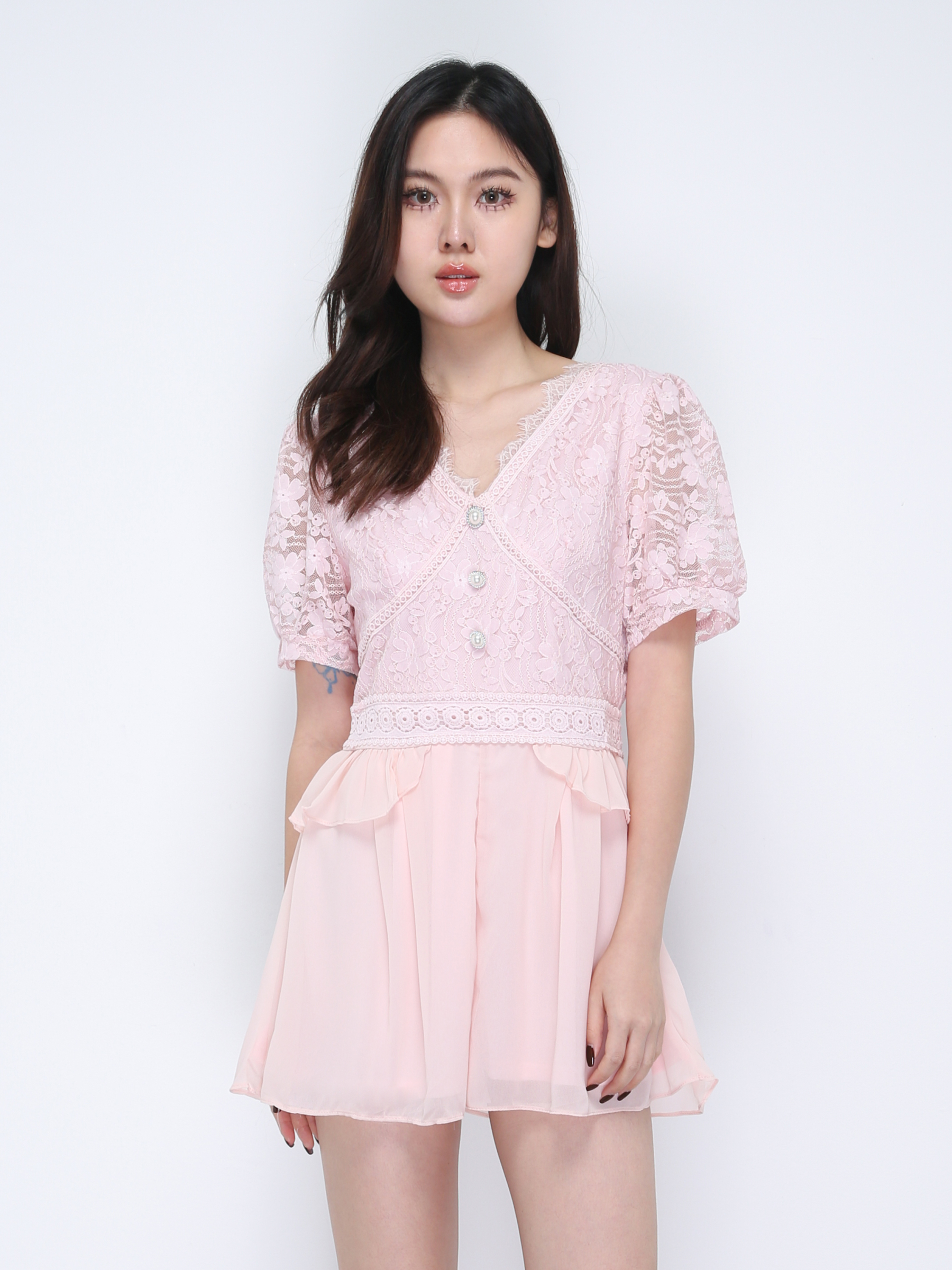 V Neck Lace With Pearl Button Jumpsuit 21736