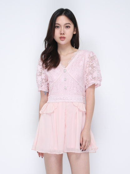 V Neck Lace With Pearl Button Jumpsuit 21736