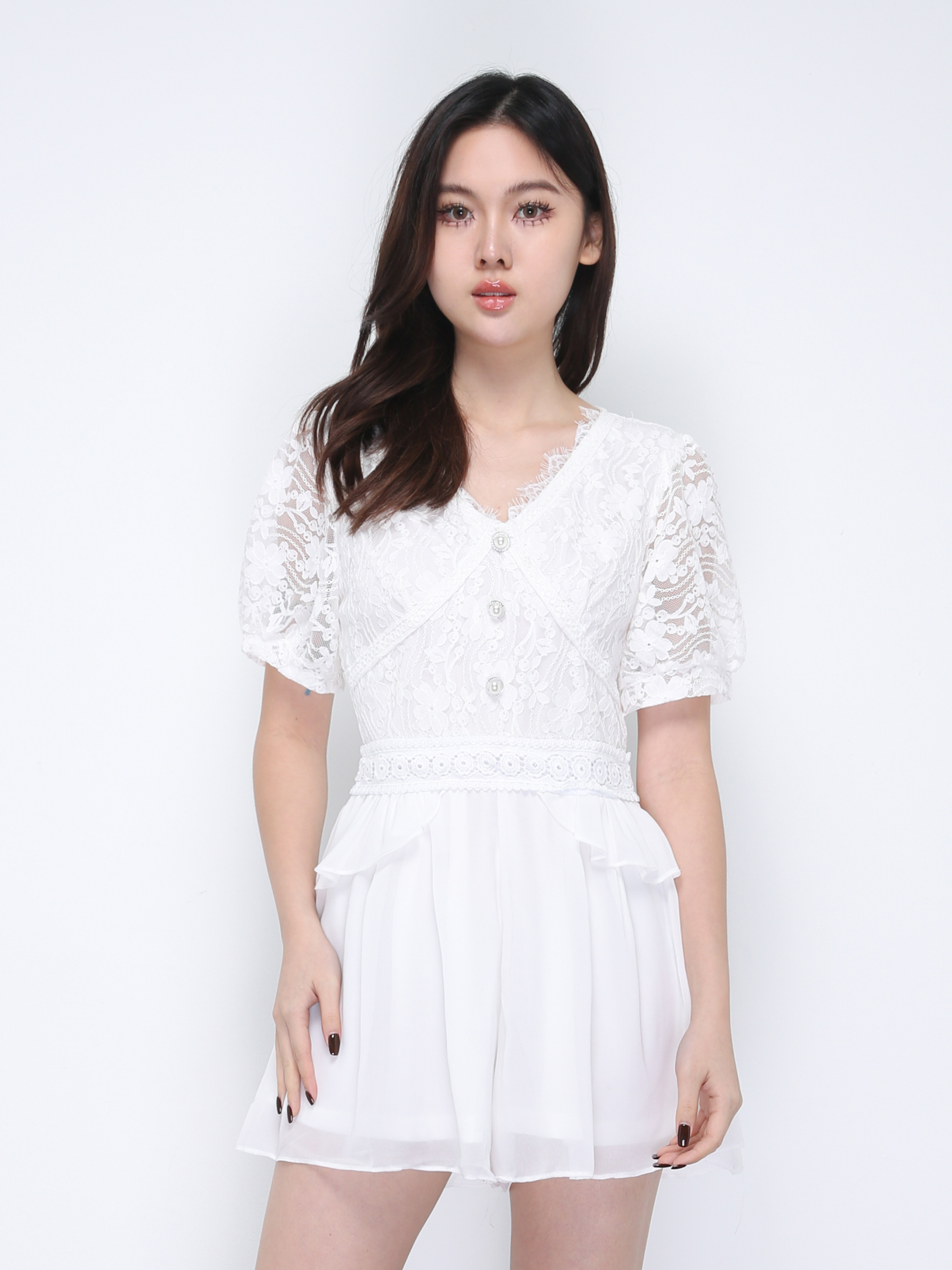 V Neck Lace With Pearl Button Jumpsuit 21736
