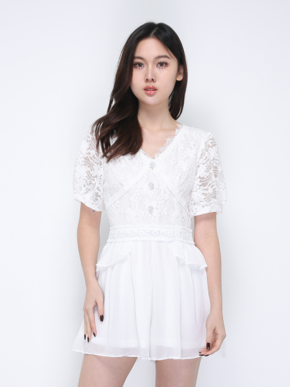 V Neck Lace With Pearl Button Jumpsuit 21736