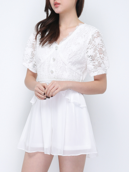 V Neck Lace With Pearl Button Jumpsuit 21736