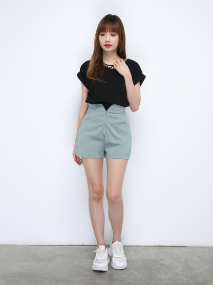 High Waist Front Zip Short Pants 21421
