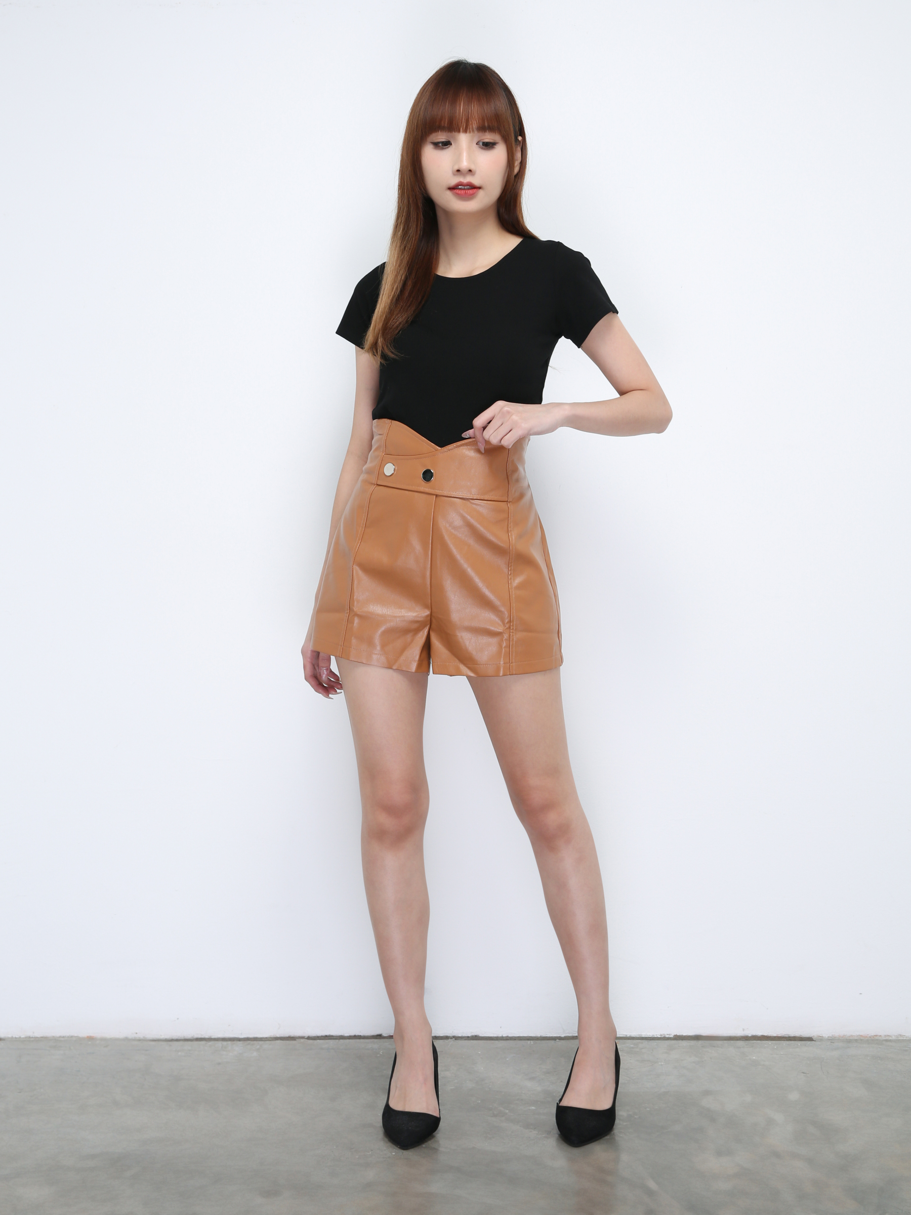 High Waist Leather Decorative Short Pants 21456
