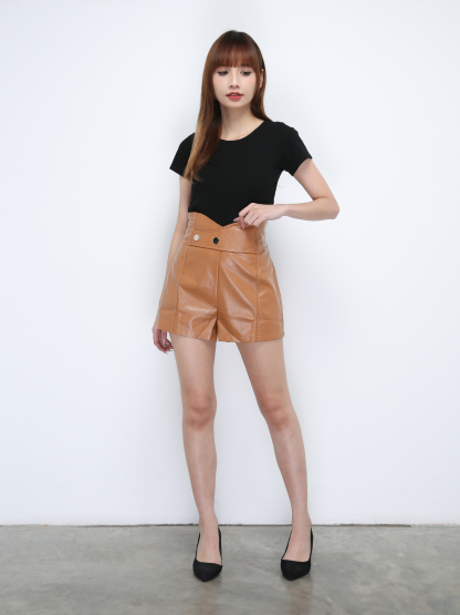 High Waist Leather Decorative Short Pants 21456