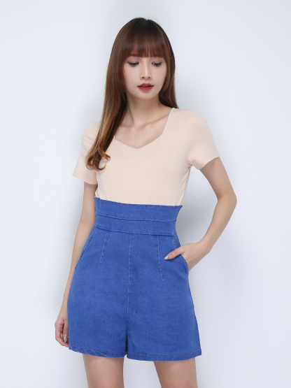 Two Tone Round Neck Denim Jumpsuit 21743