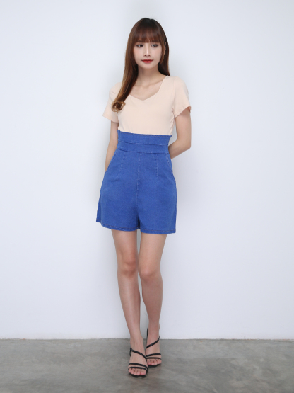 Two Tone Round Neck Denim Jumpsuit 21743