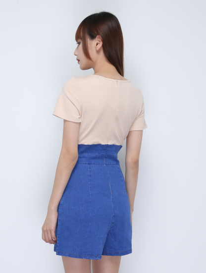 Two Tone Round Neck Denim Jumpsuit 21743