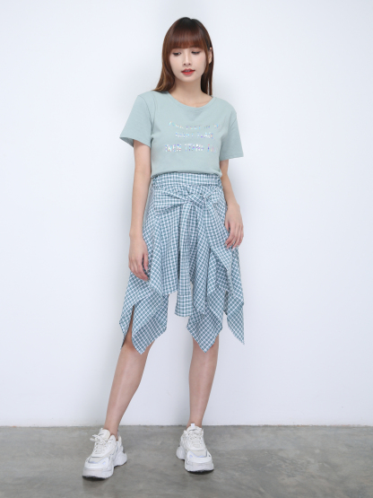 Font Top With Irregular Long Checker Skirt Set 21875