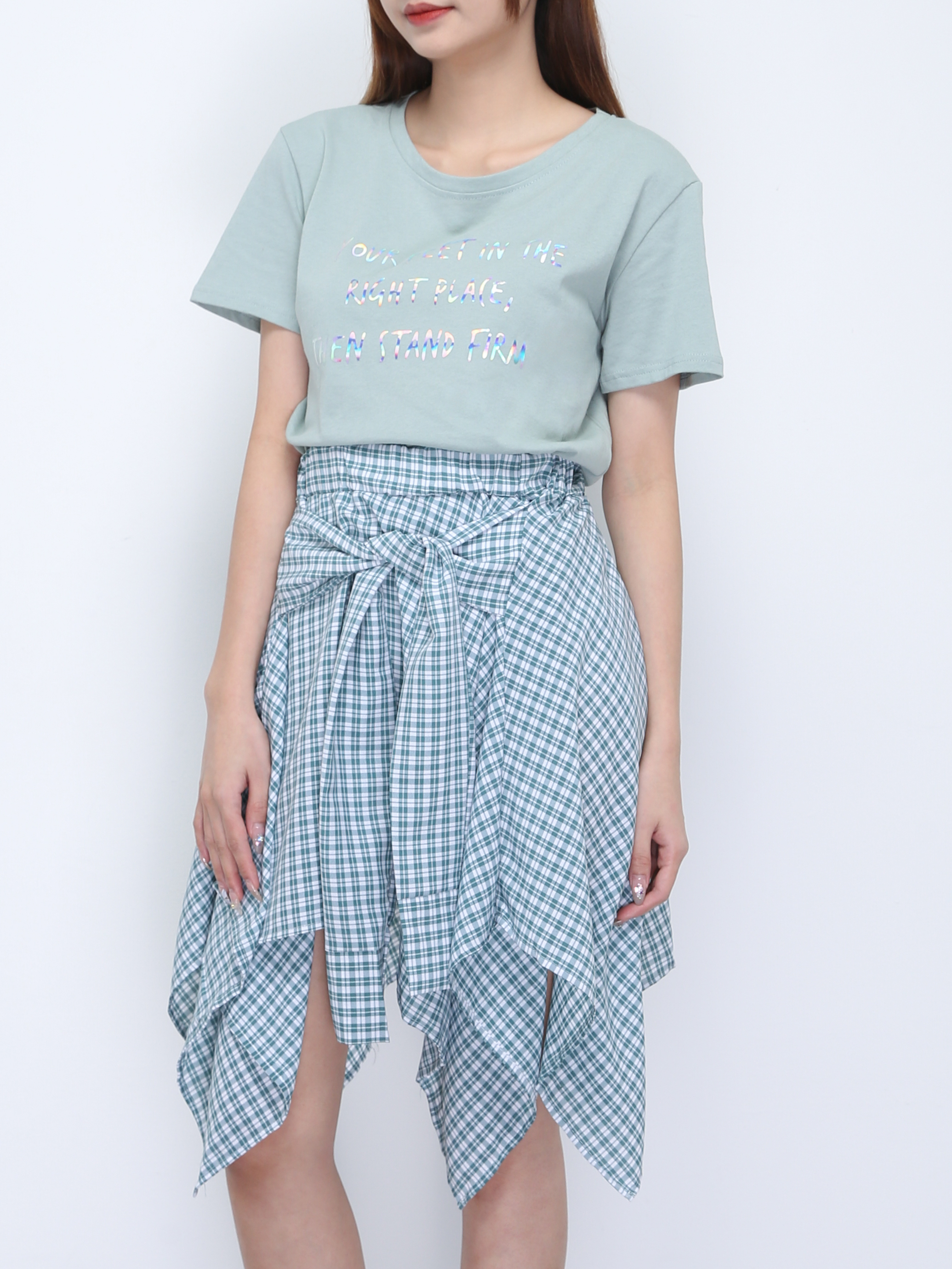 Font Top With Irregular Long Checker Skirt Set 21875