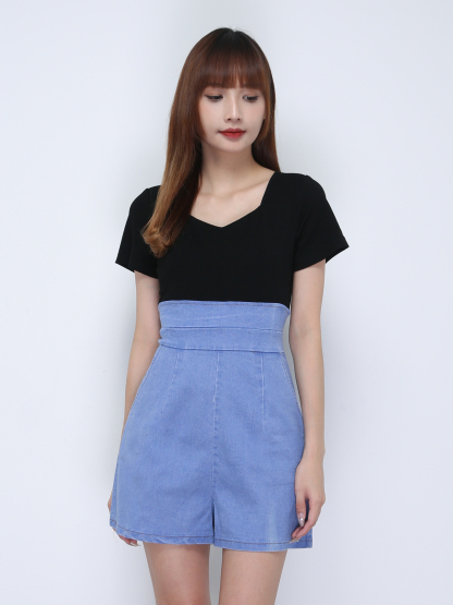 Two Tone Round Neck Denim Jumpsuit 21743