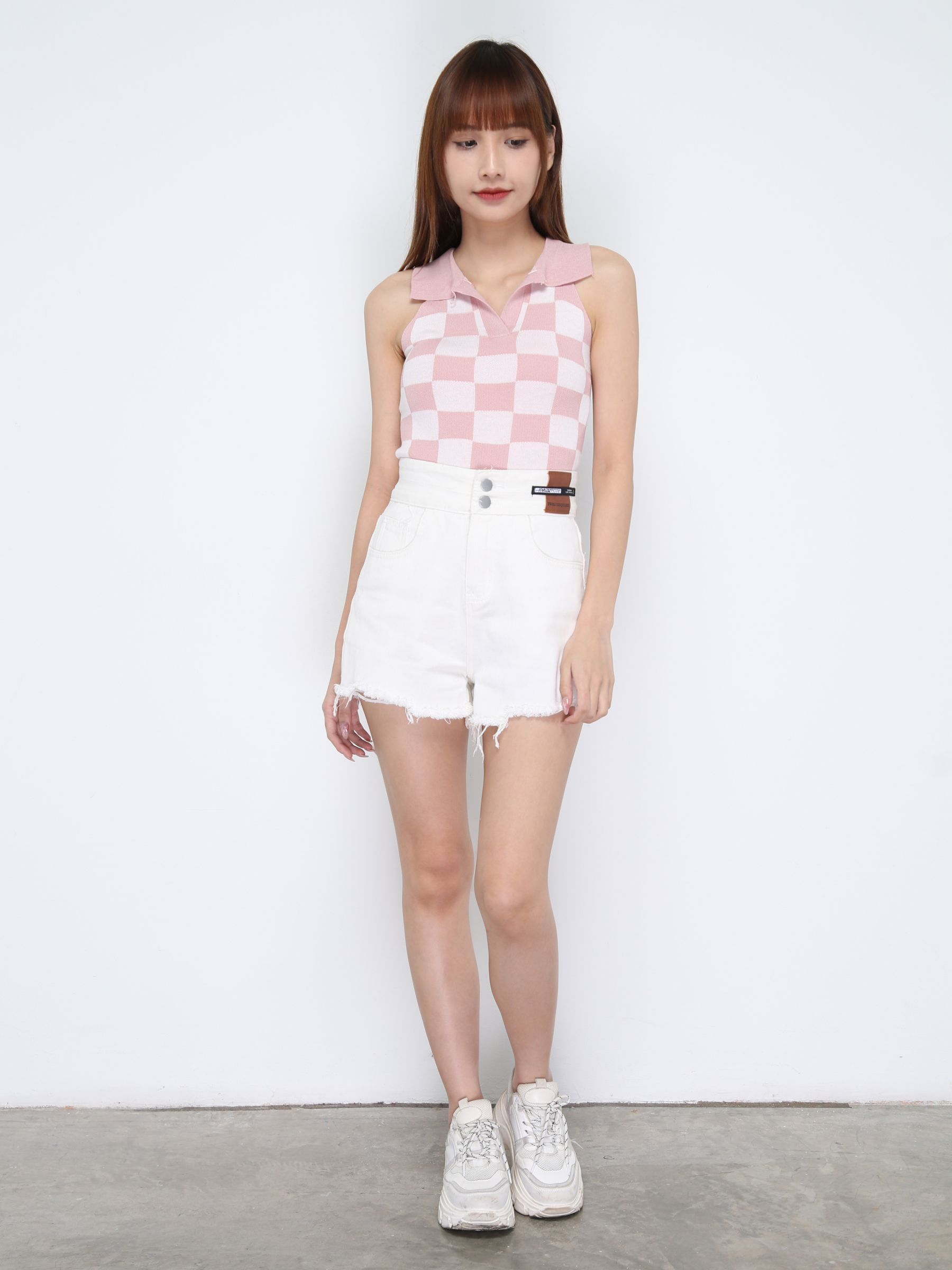 Knitted Sleeveless Collar With Front Hole Checker Top 20956