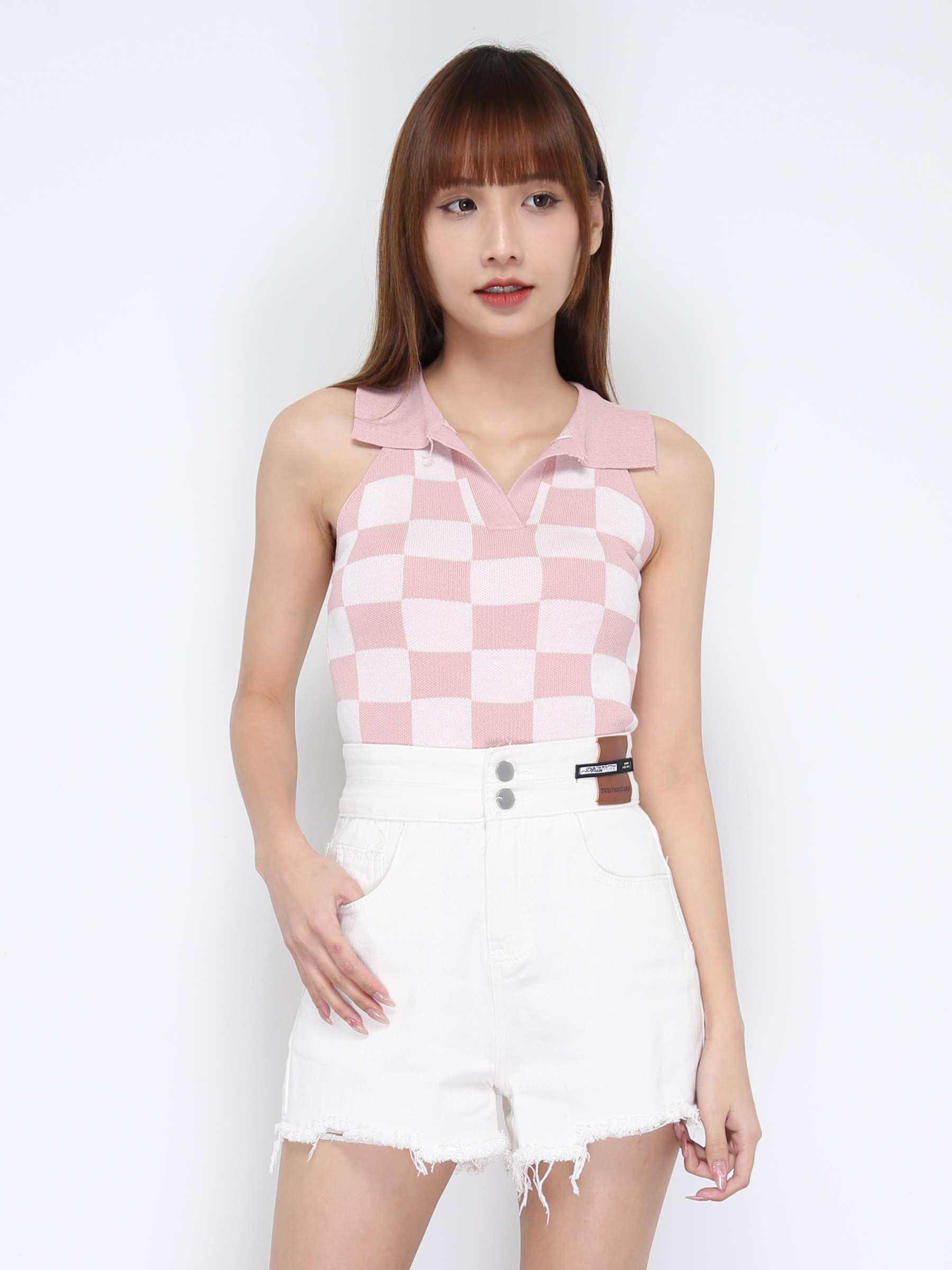Knitted Sleeveless Collar With Front Hole Checker Top 20956