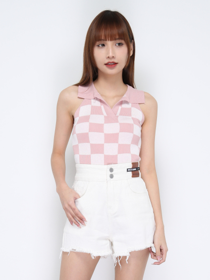 Knitted Sleeveless Collar With Front Hole Checker Top 20956
