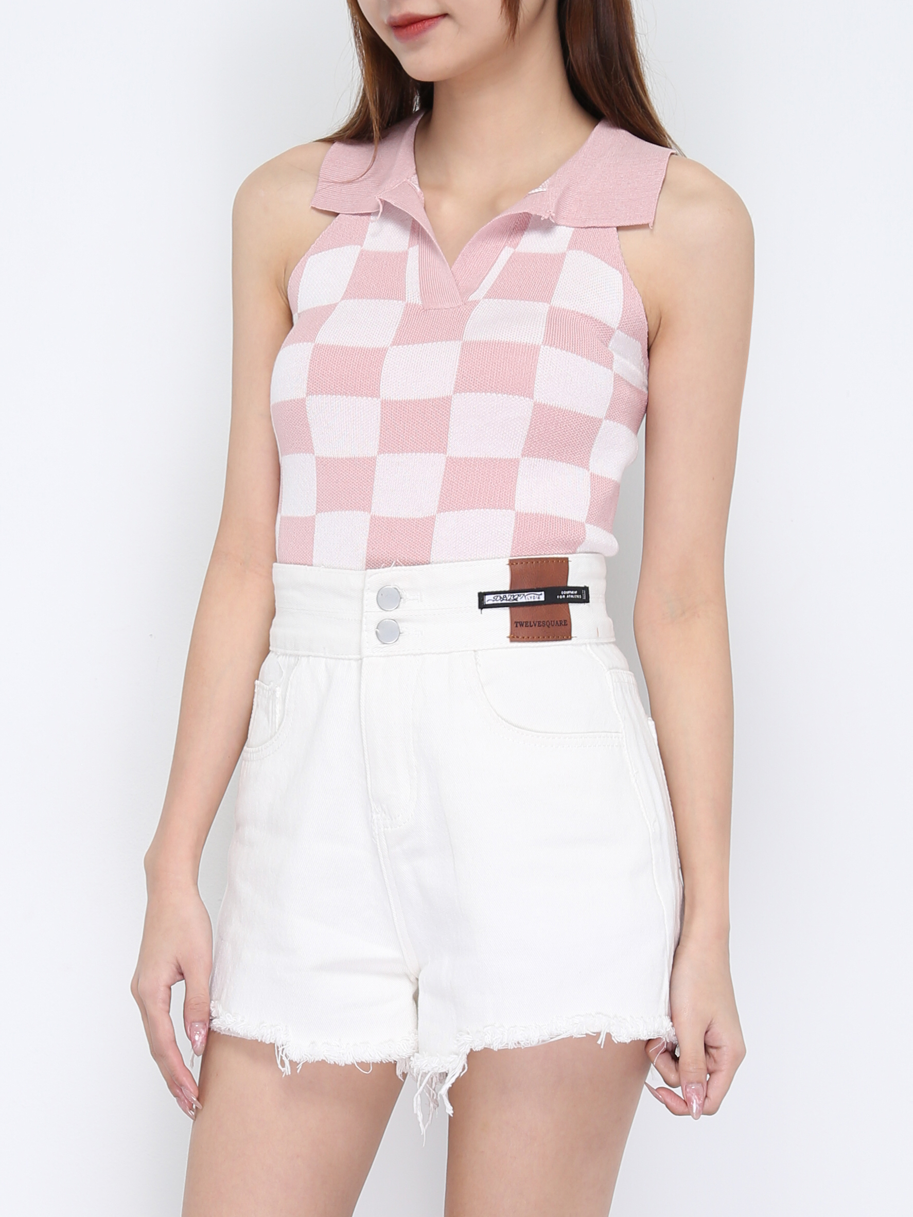 Knitted Sleeveless Collar With Front Hole Checker Top 20956